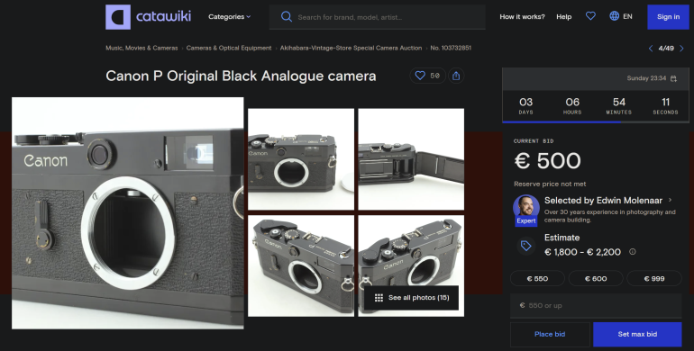 Screenshot of a Canon P black analogue camera auction listing with multiple camera images and a €500 current bid.