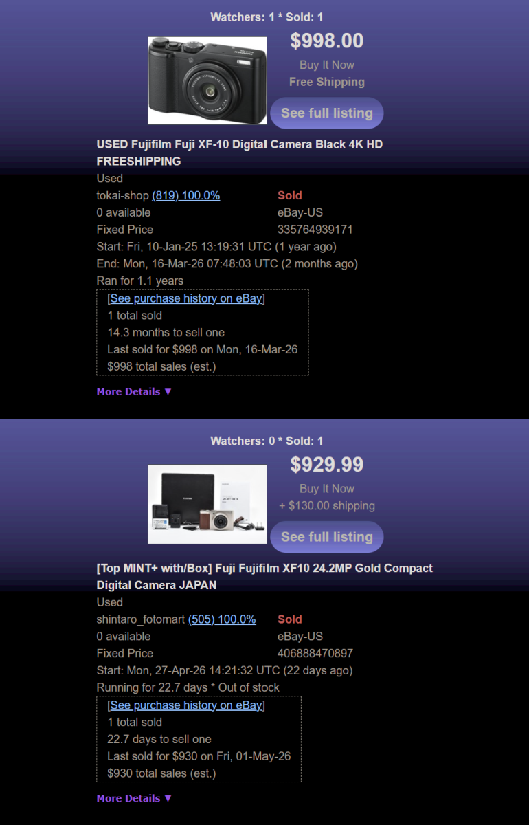 Screenshot of two eBay listings for used Fujifilm XF10 digital cameras, both showing prices and sales info.