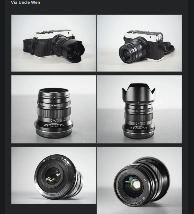 Six-panel image showing a camera and close-up views of a camera lens from different angles on a white background.