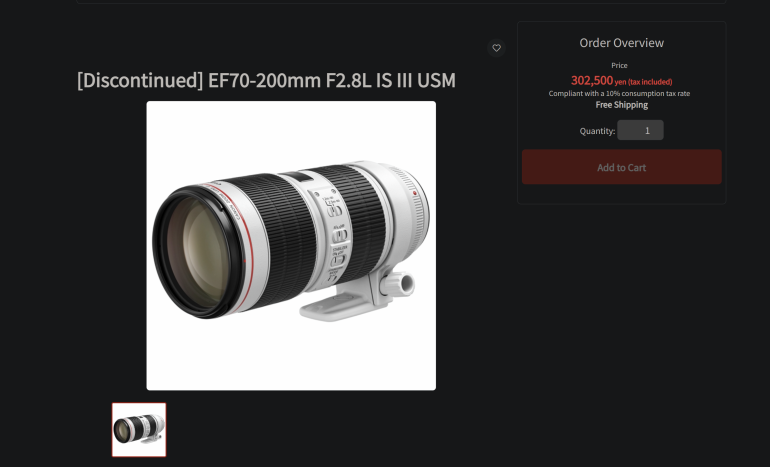 A white Canon EF 70-200mm f/2.8L IS III USM camera lens displayed on a dark background.