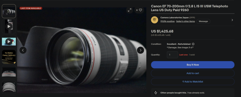 Close-up of a Canon EF 70-200mm f/2.8L IS III USM telephoto camera lens listed for sale online.