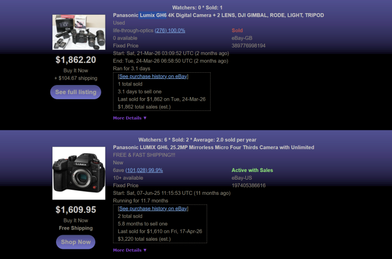 Screenshot of two eBay listings for Panasonic Lumix GH4 camera bundles with prices and sales details.