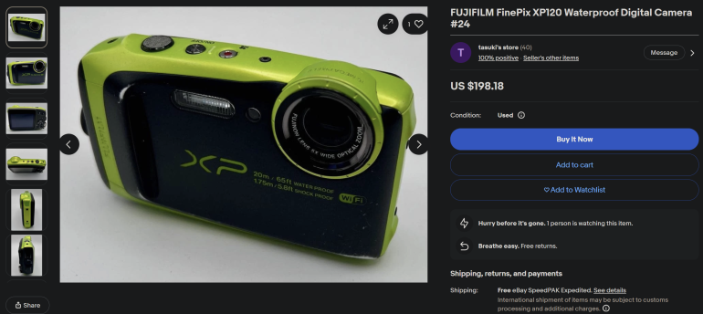 Close-up of a green and black FUJIFILM FinePix XP20 waterproof digital camera for sale online.