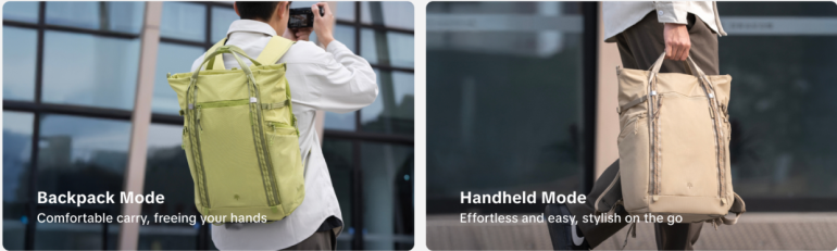 Split image: Person carrying a green backpack, and another holding a beige bag by hand, both outdoors.
