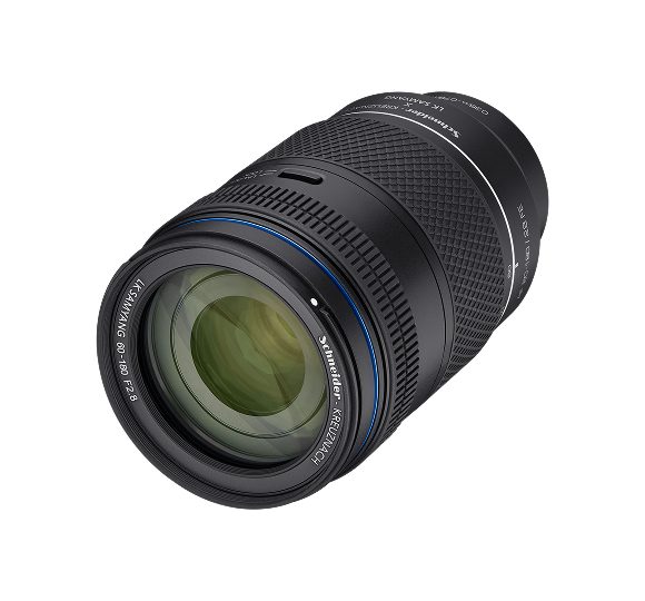 A black camera lens with blue and white markings, displayed on a white background.