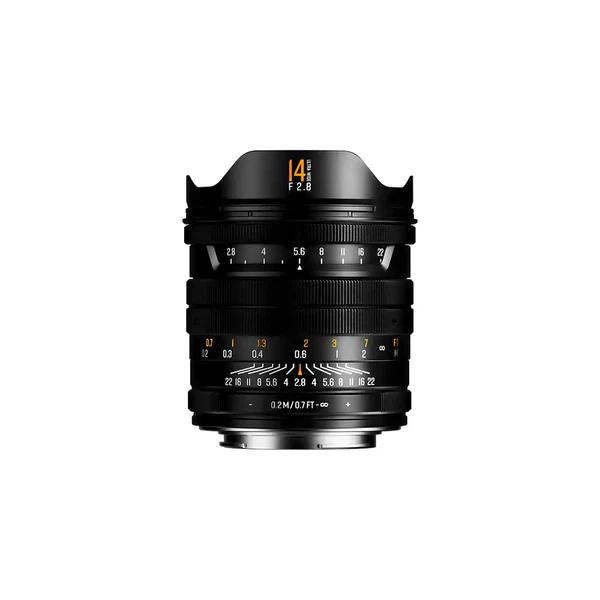 A wide-angle camera lens with aperture and focus markings on a white background.