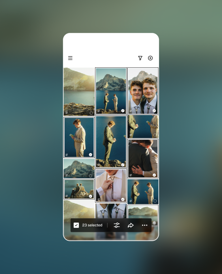 A phone screen shows a photo gallery with wedding pictures of two men in suits by a lake and mountains.
