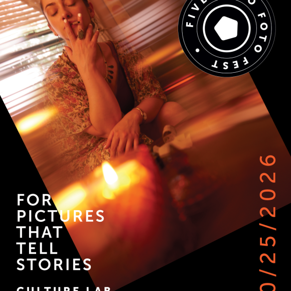 A woman smoking indoors, surrounded by warm lighting, with event text for Five Boro Foto Fest on 10/25/2026.
