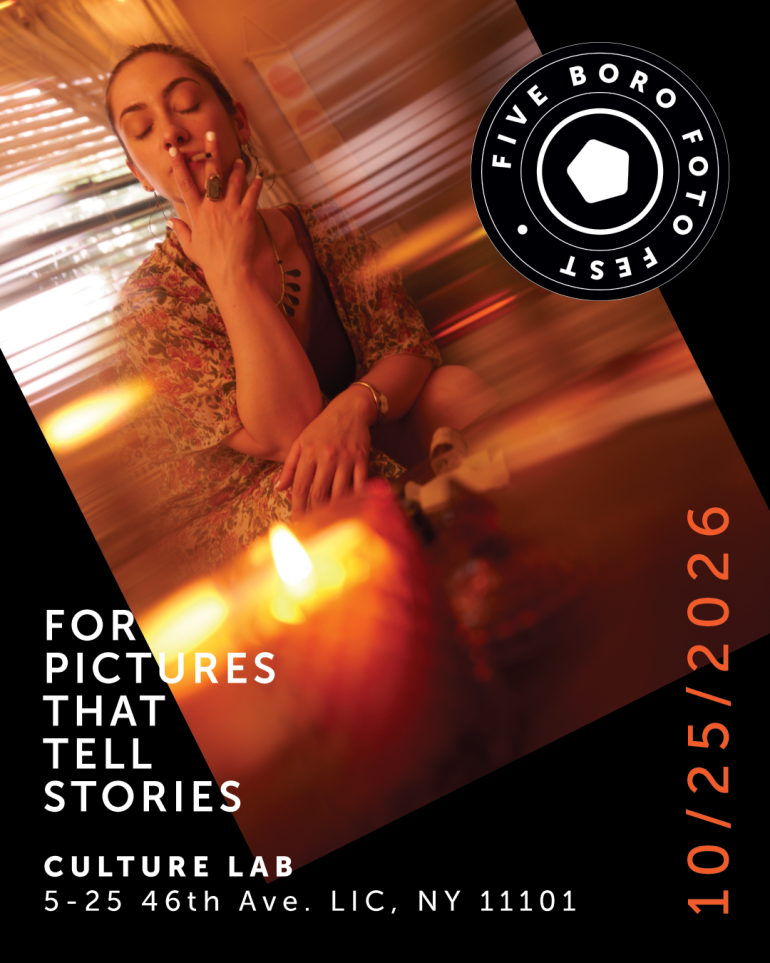 A woman smoking indoors, surrounded by warm lighting, with event text for Five Boro Foto Fest on 10/25/2026.