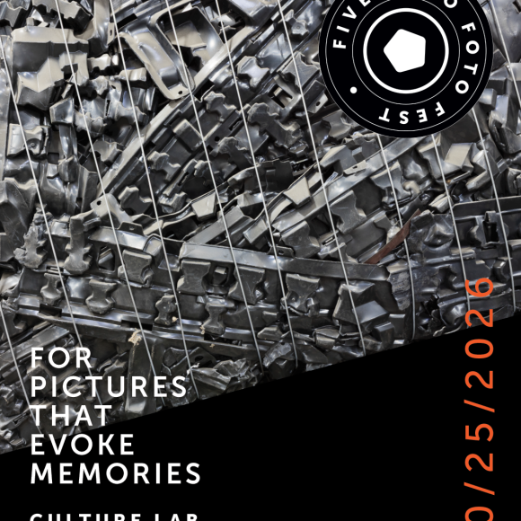 Abstract metal art with event details for Five Boro Foto Fest at Culture Lab, LIC, NY, on 10/25/2026.