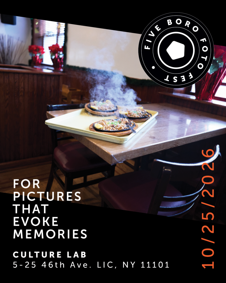 A table with three steaming skillets of food in a cozy restaurant, promoting a photo fest event.