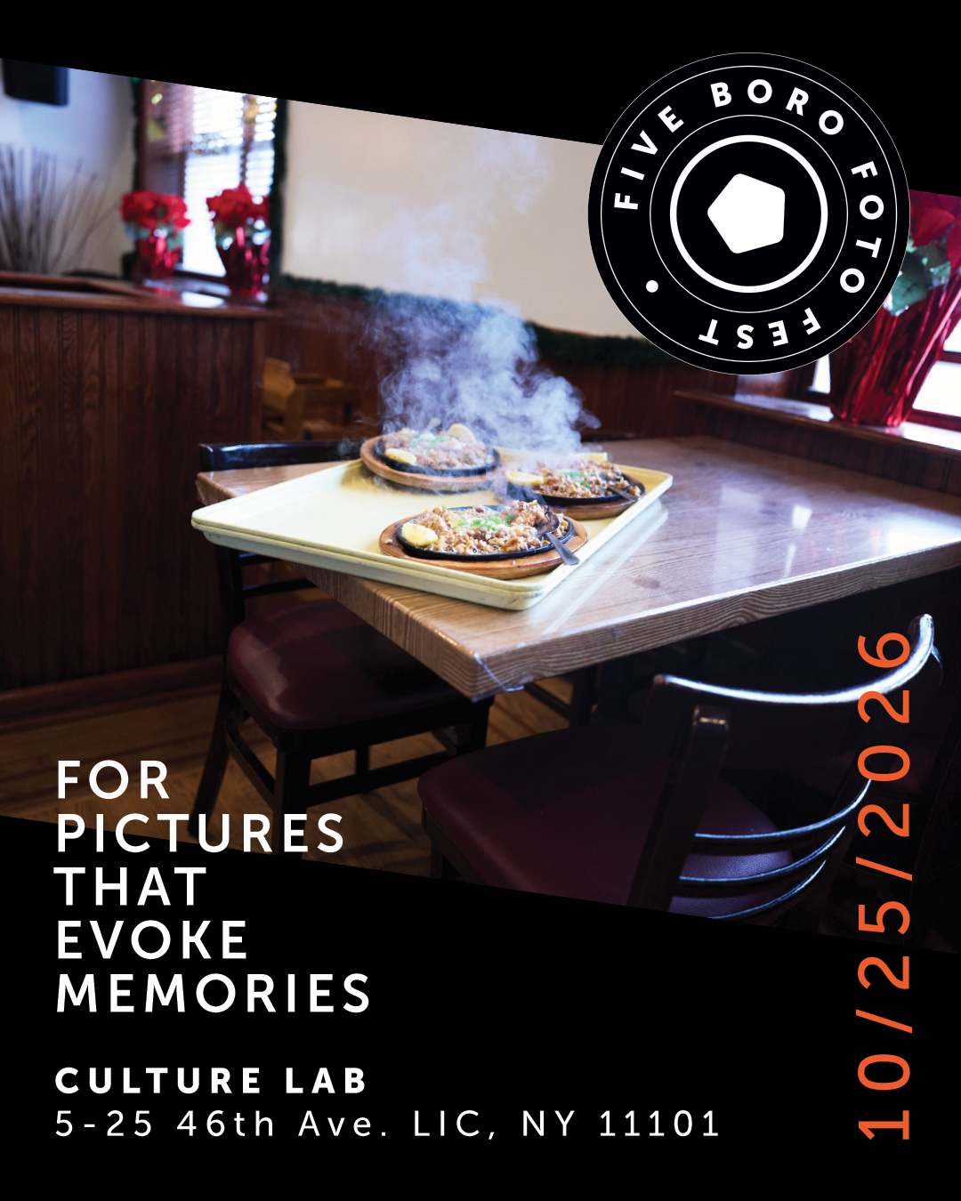 Have You Heard of the 5 Boro Foto Fest? A table with three steaming skillets of food in a cozy restaurant, promoting a photo fest event.