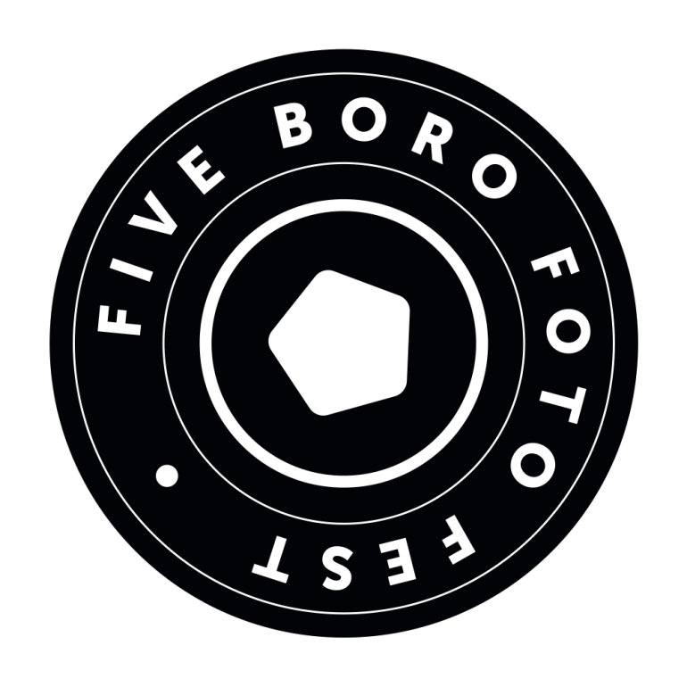 Black circular logo with FIVE BORO FOTO FEST written around a camera lens graphic in the center.