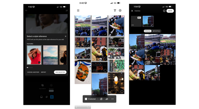Three phone screens showing photo selection and editing apps with various food and stadium images displayed.