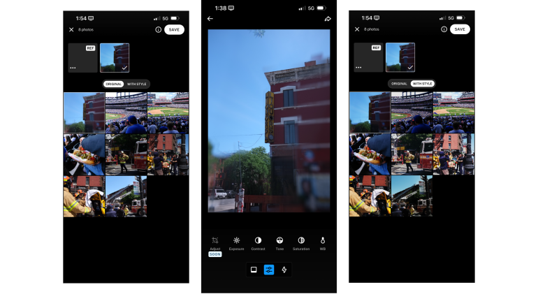 Three phone screenshots show a photo editing app with city photos and editing options on display.