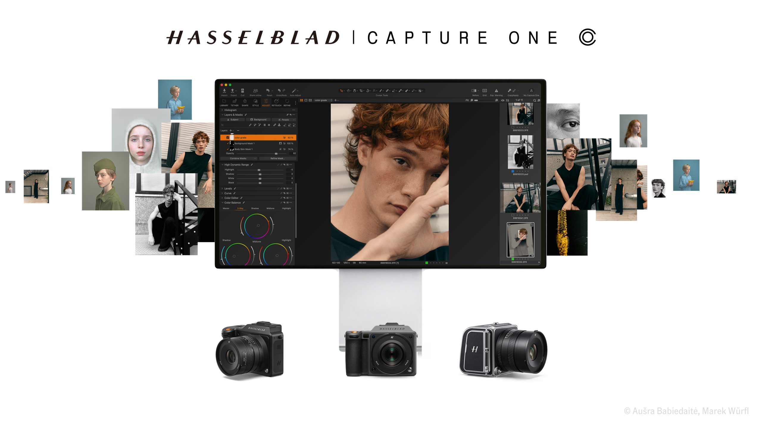 A computer screen displays a portrait editing software, surrounded by Hasselblad cameras and various portrait photos.