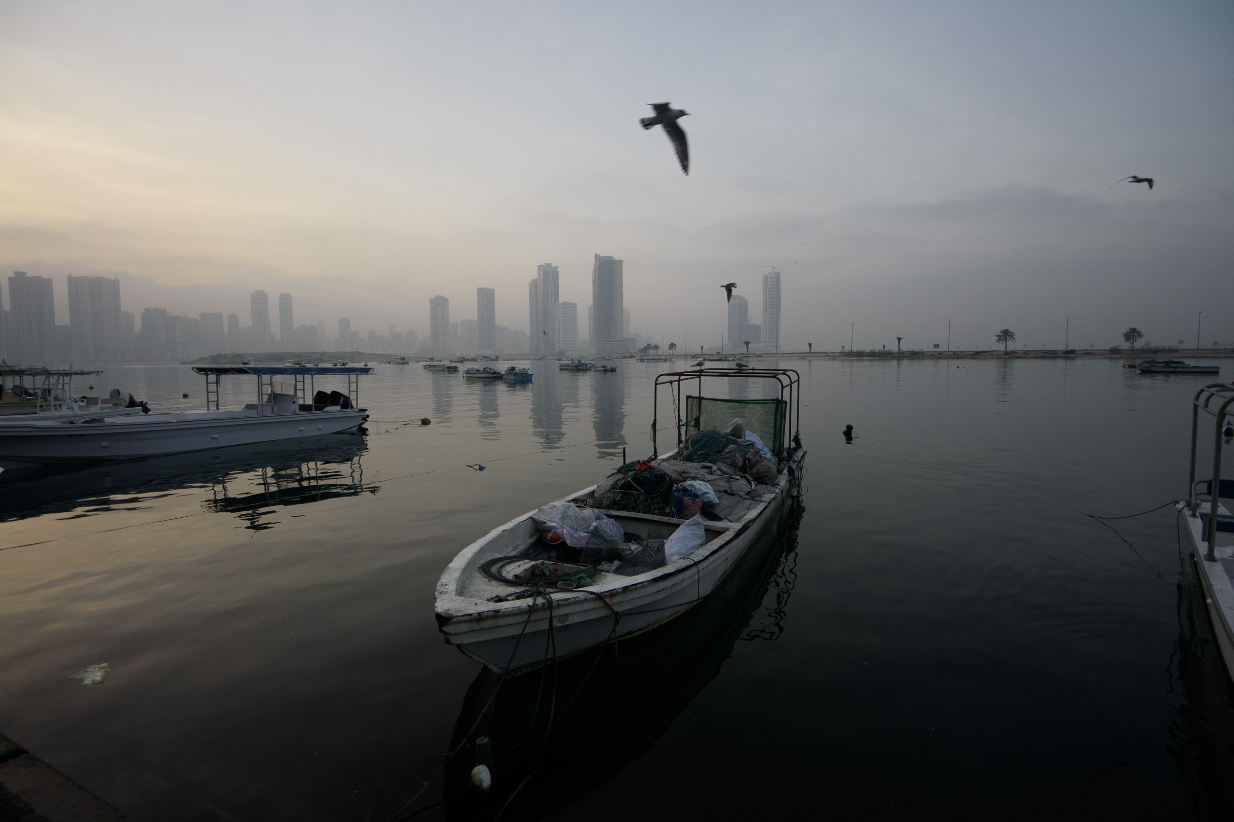 A small boat floats on calm water with city skyscrapers and birds in the misty background at dawn.