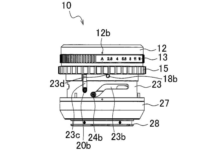 Technical drawing of a camera lens assembly with labeled components and aperture values.