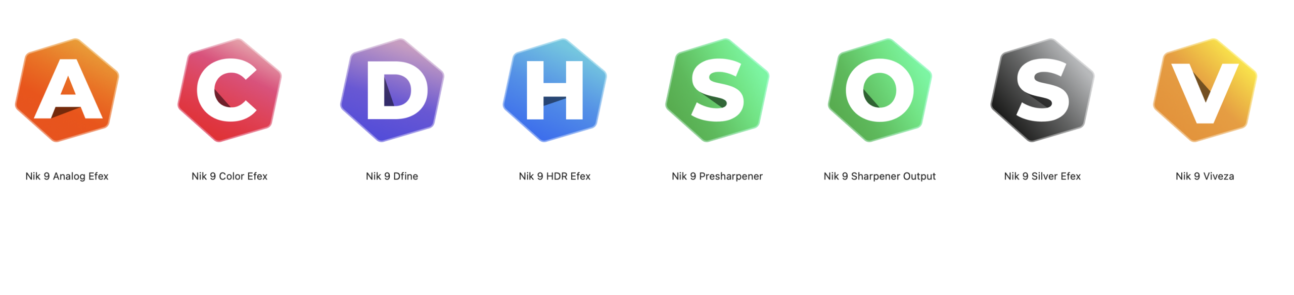 Nik Collection 9 Review: Is it Any Good in 2026? Seven colorful hexagons with letters A, C, D, H, S, O, V, each labeled with different Nik Collection effects.