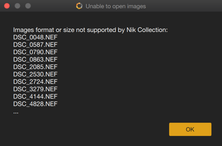 Error message: Images format or size not supported by Nik Collection with a list of .NEF files and an OK button.