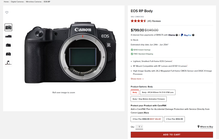 Canon EOS RP mirrorless camera body displayed on a white background, product details and price shown on the side.