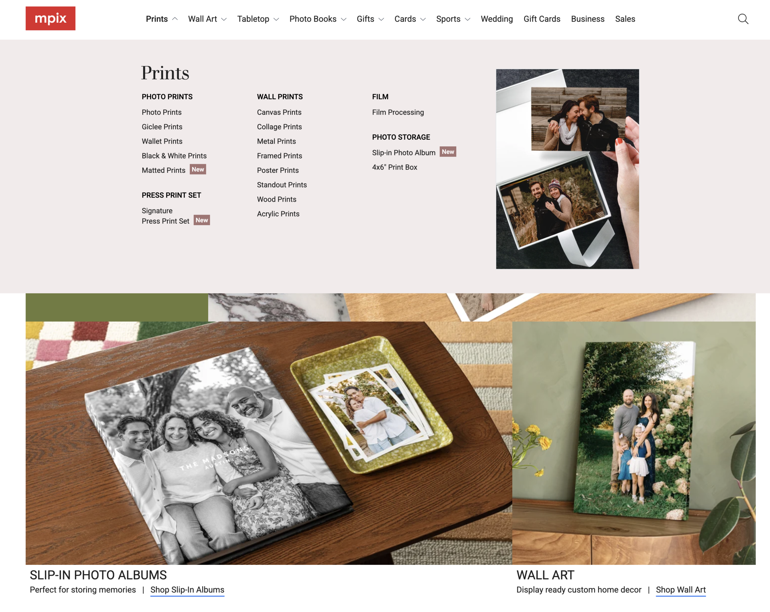A website page displays photo print options, photo albums, and custom wall art with family photo examples.