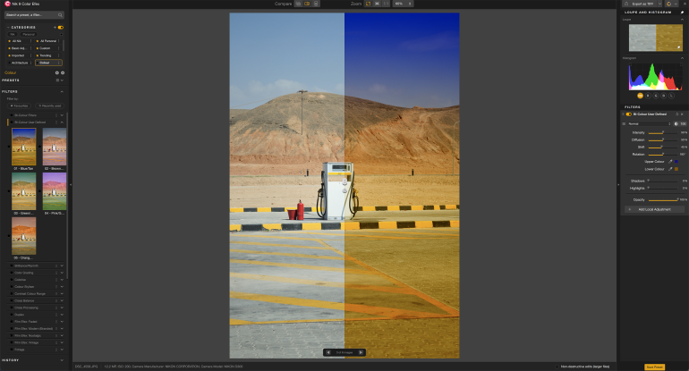 A single gas pump in a desert, shown with a split-screen photo filter effect, editing in progress.