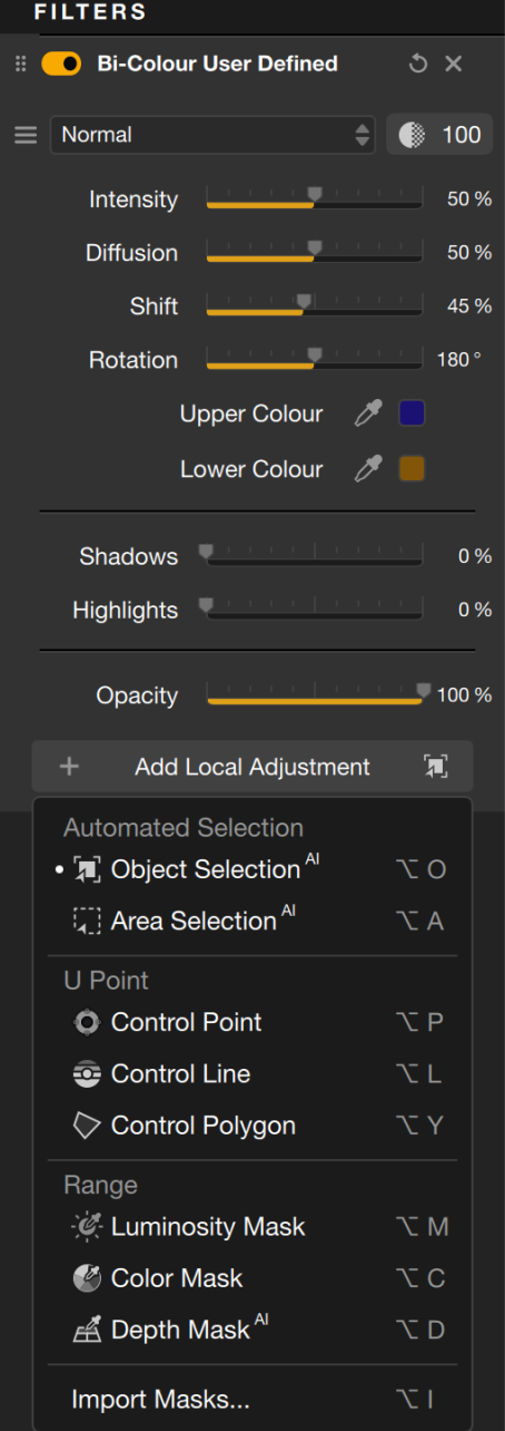 Screenshot of a photo editing softwares Bi-Colour filter settings and local adjustment tools panel.