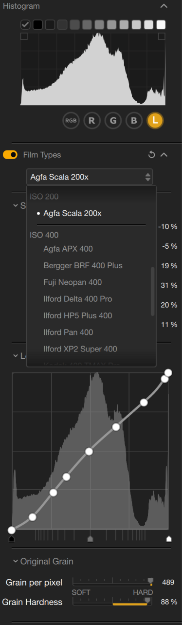 Editing panel with histogram, film type dropdown set to Agfa Scala 200x, and tone curve adjustment graph.