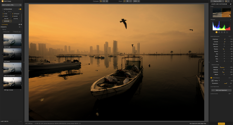 A small boat floats on calm water at sunset, with city skyline and birds silhouetted in the orange sky.