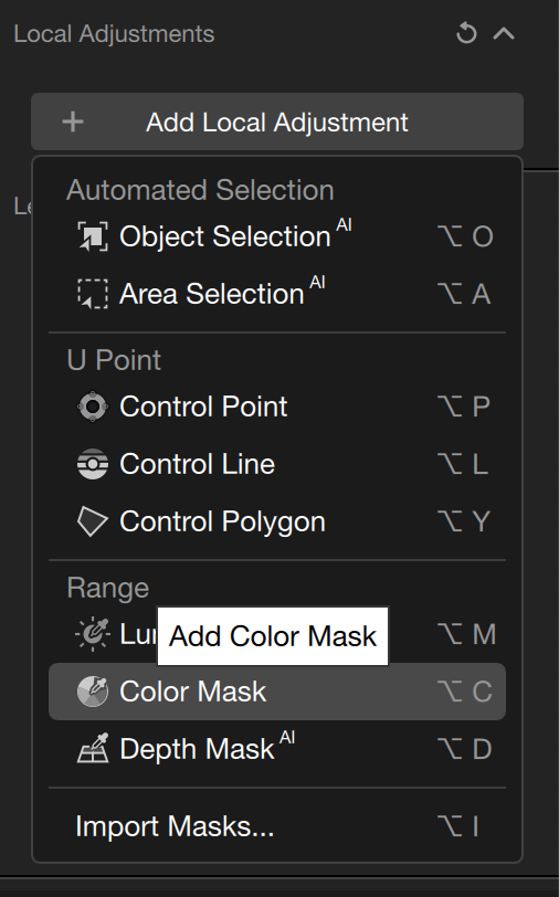 A menu shows local adjustment options such as Object Selection, Color Mask, and Import Masks in editing software.
