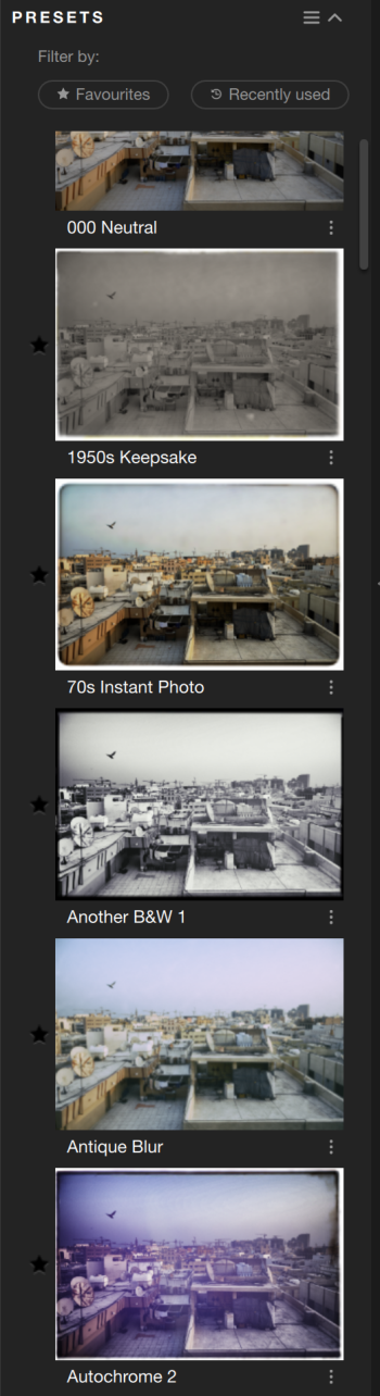 A list of photo presets with preview images, including Neutral, 1950s Keepsake, 70s Instant Photo, and others.