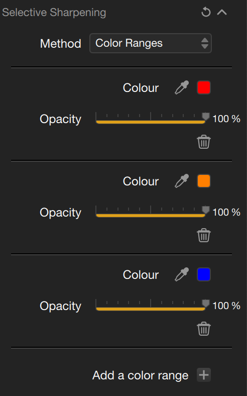 Selective Sharpening panel with three color options—red, orange, and blue—each at 100% opacity.
