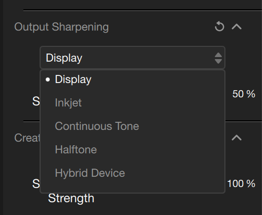 A dropdown menu shows Display selected, with options: Inkjet, Continuous Tone, Halftone, Hybrid Device.
