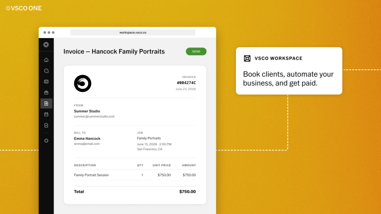 A digital invoice for a family portrait session is shown on a yellow background with VSCO Workspace details.