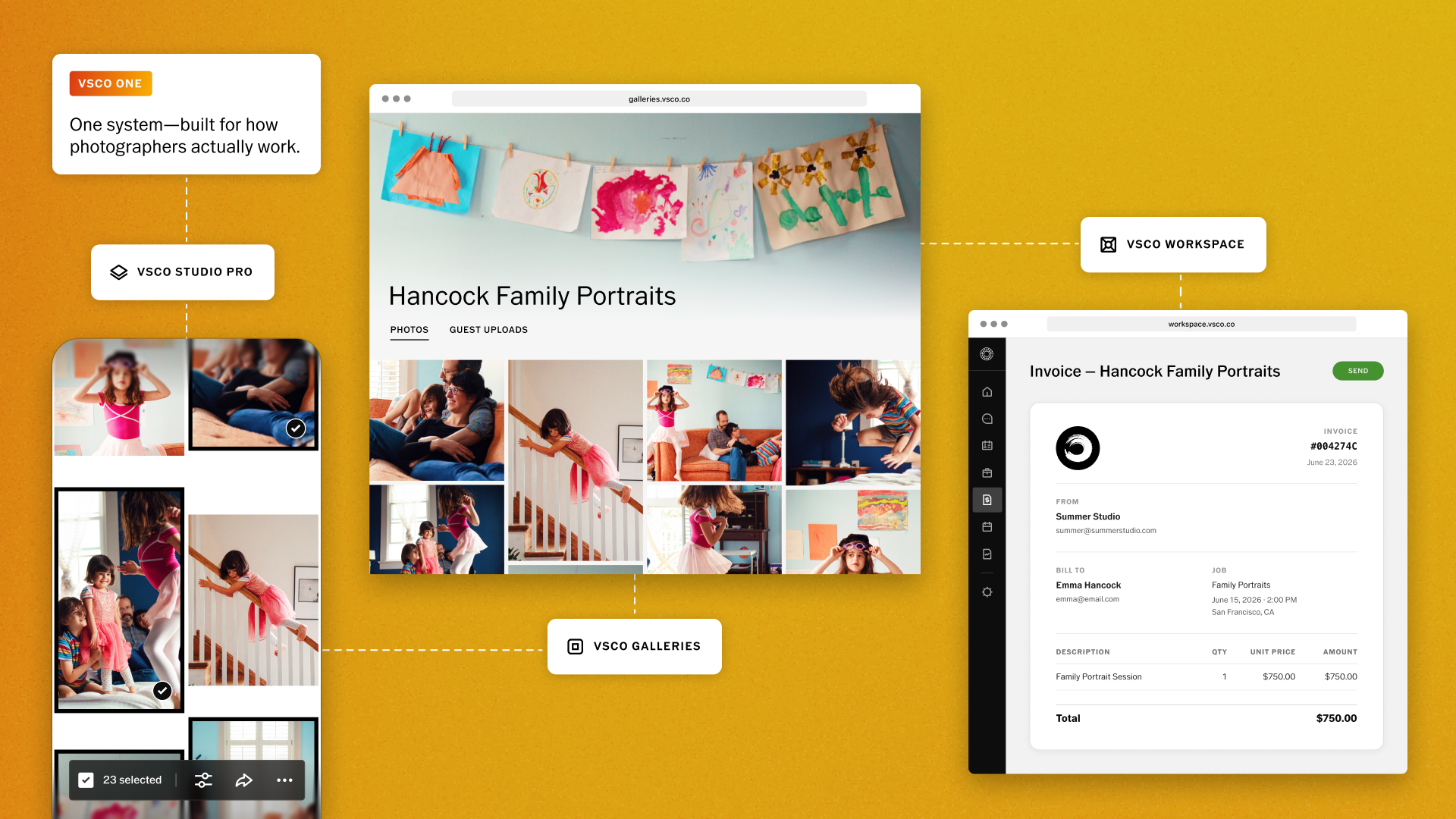 VSCO One Is the System Professional Photographers Didn't Know They Were Missing A graphic shows VSCO’s tools: galleries, workspace, and invoices for managing family portrait photography.