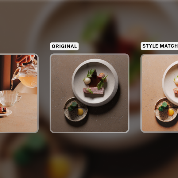 Three plates of artfully arranged food, each styled and photographed with different lighting and tones.