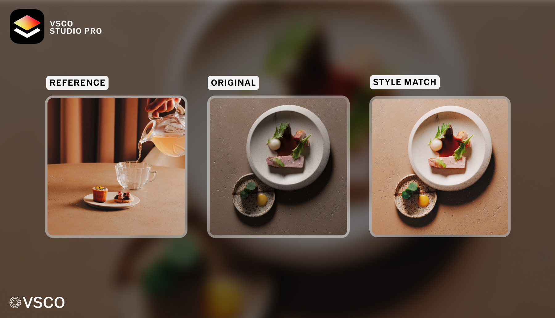 Three plates of artfully arranged food, each styled and photographed with different lighting and tones.