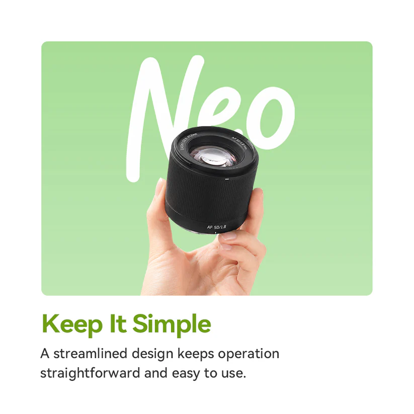 The TTArtisan 50mm f1.8 Neo Feels Like Something Canon Should've Made A hand holds a camera lens against a green background with the word Neo written behind it.