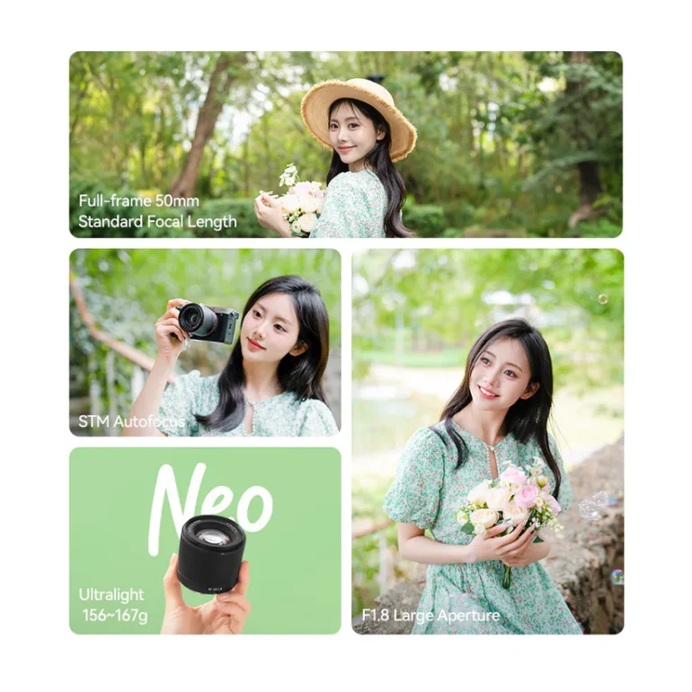 Collage of a woman outdoors with flowers and a camera; text highlights lens features like 50mm, STM autofocus, and f/1.8.