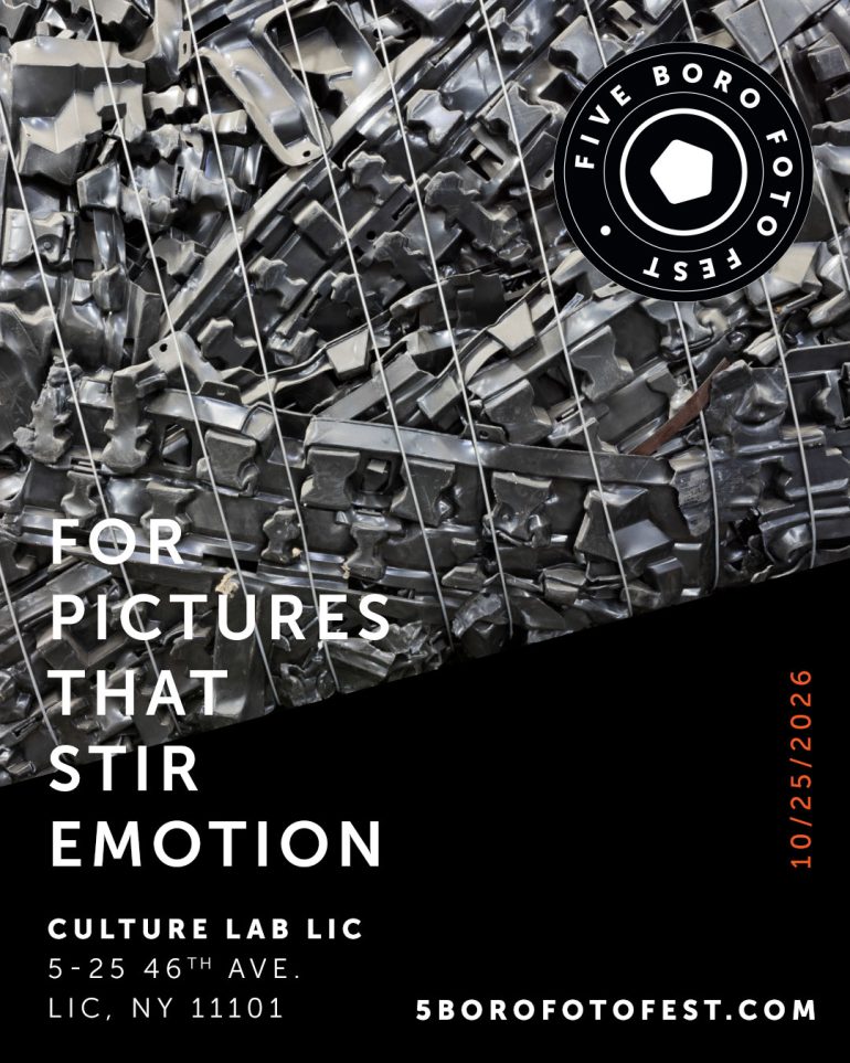 Abstract metal artwork with For pictures that stir emotion text and event details for Five Boro Foto Fest.