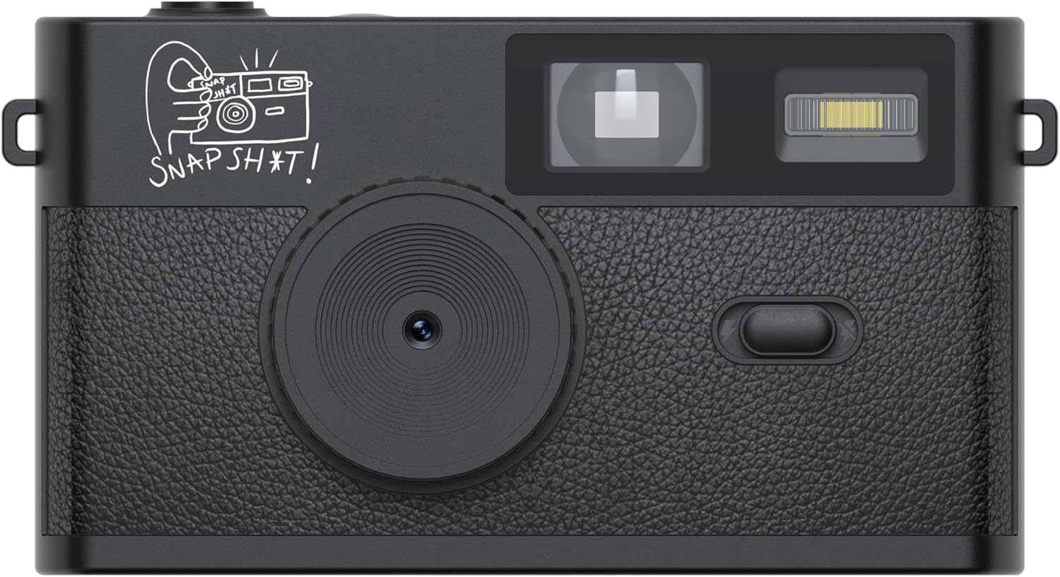 Black camera with textured grip, lens, viewfinder, flash, and SNAP SHT! doodle on the top left corner.