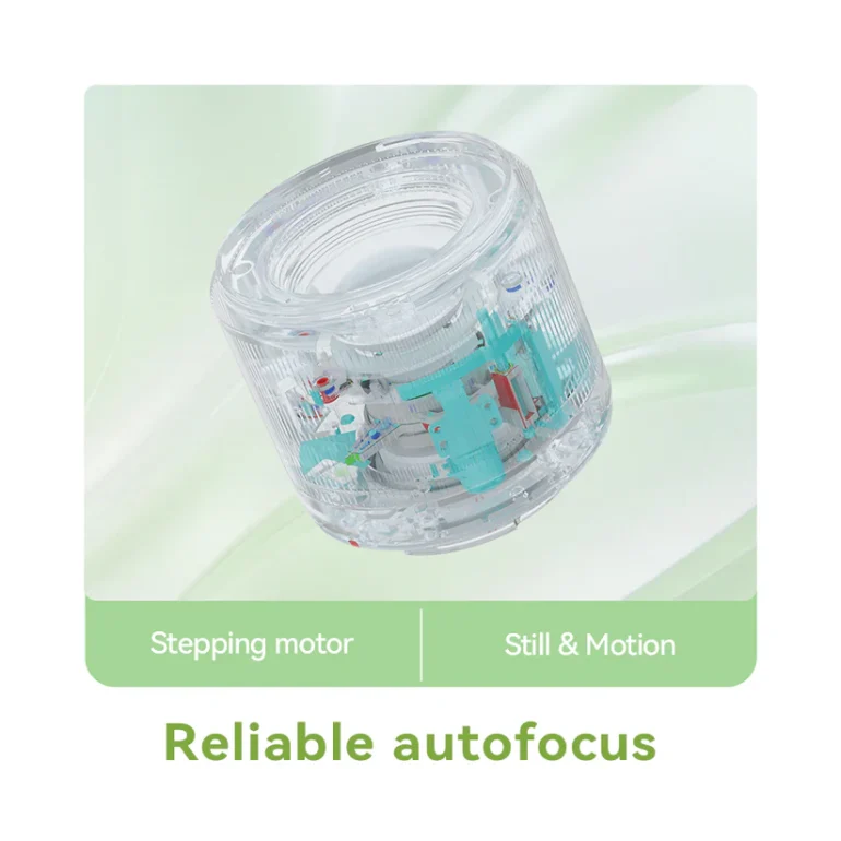 Clear lens with visible inner mechanics above text reading Stepping motor | Still & Motion. Reliable autofocus.