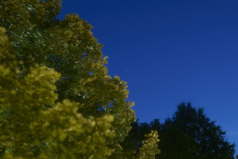 Green trees at the left under a deep blue evening sky, with some stars faintly visible.