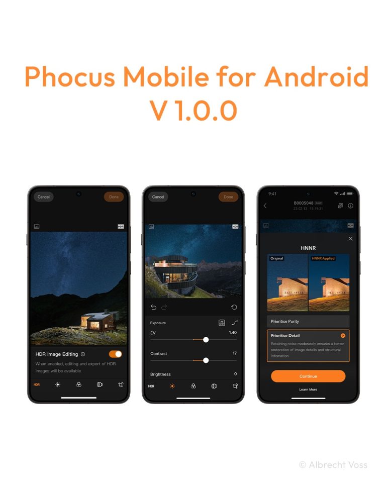Three smartphones display the Phocus Mobile HDR image editing app interface against a white background.
