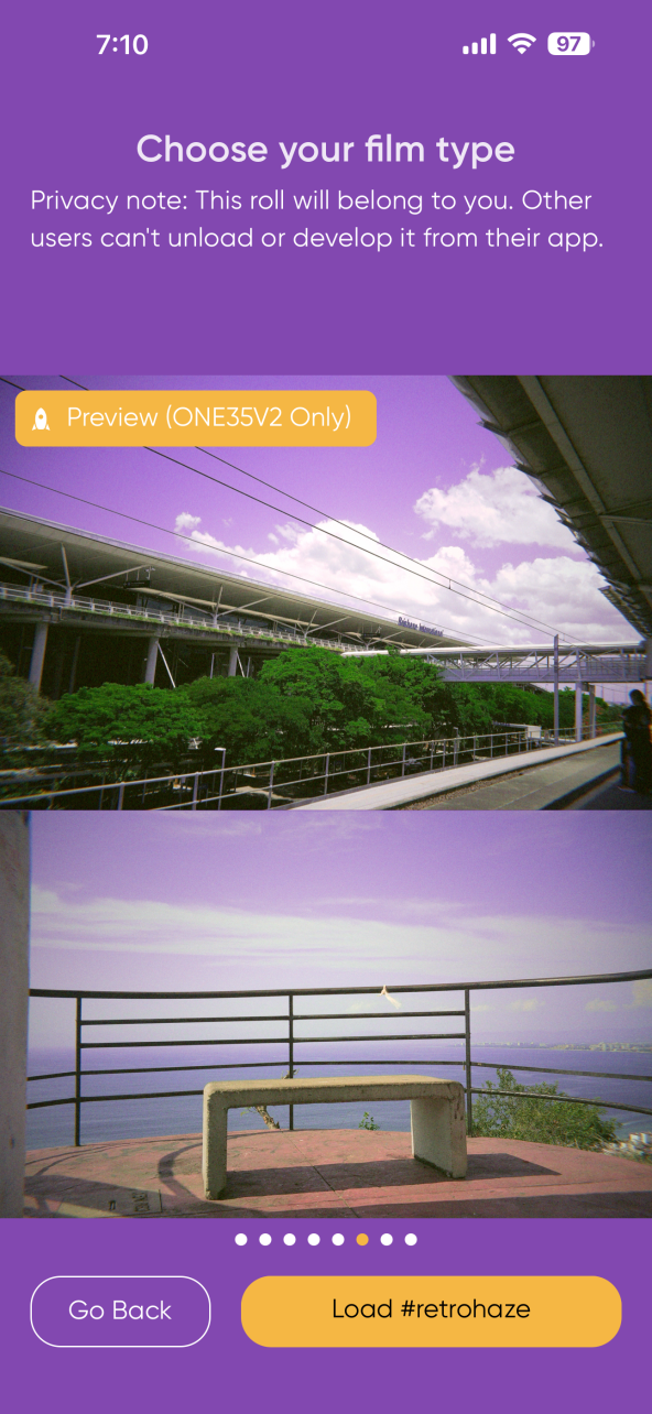 App screen to choose film type; features purple sky photos and Load #retrohaze button at the bottom.