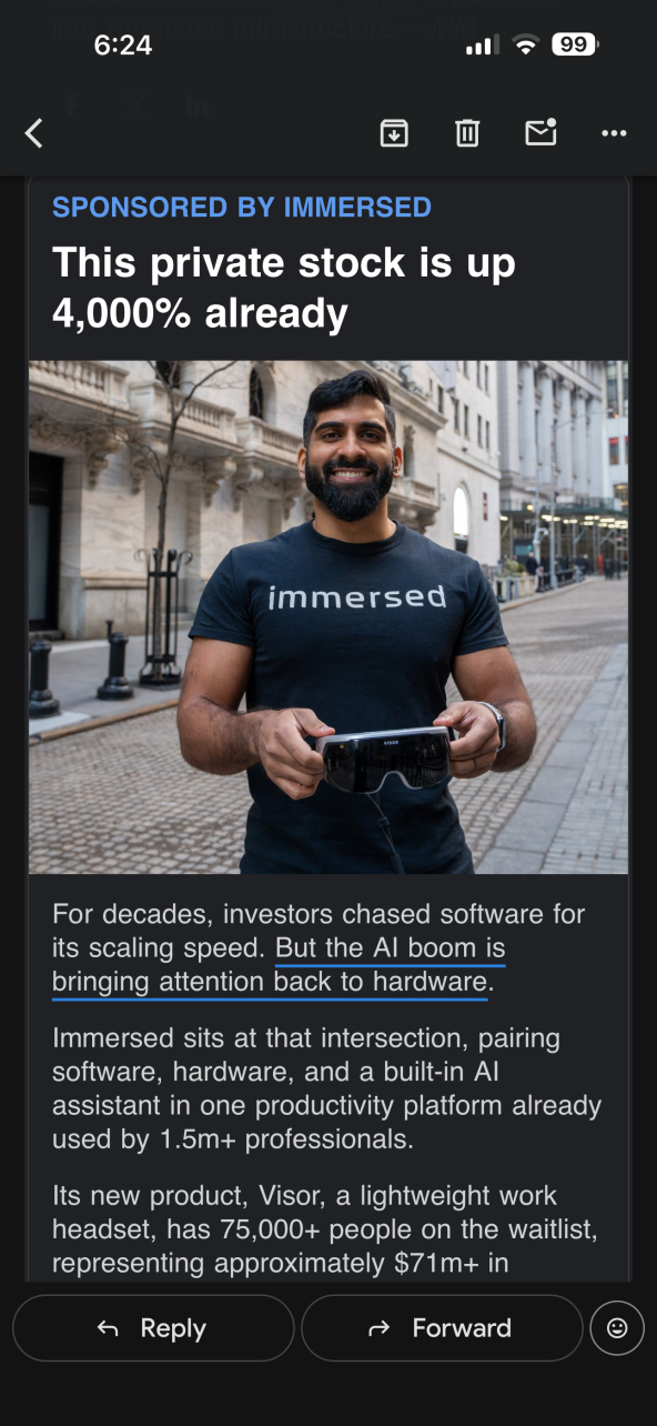 A man in an immersed shirt stands outside holding a VR headset, with buildings visible in the background.