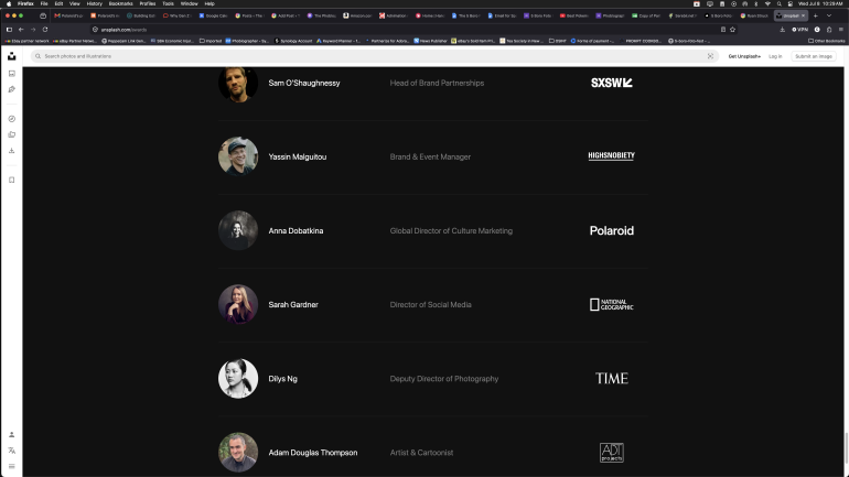 A list of professionals with their photos, names, job titles, and company logos on a black background.