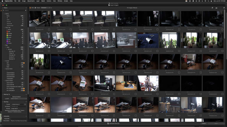 A computer screen displays a photo management program with many indoor image thumbnails in rows.
