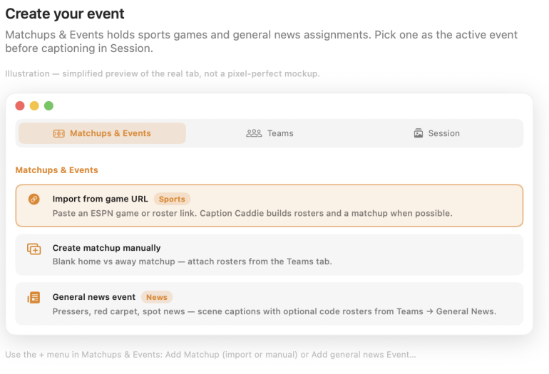 Event creation interface with options to import, create matchups, or add general news; tabs at the top.